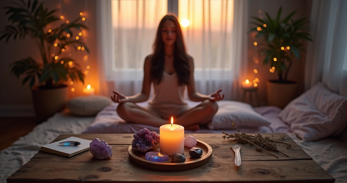 Mulher meditando com cristais sobre uma mesa ao entardecer