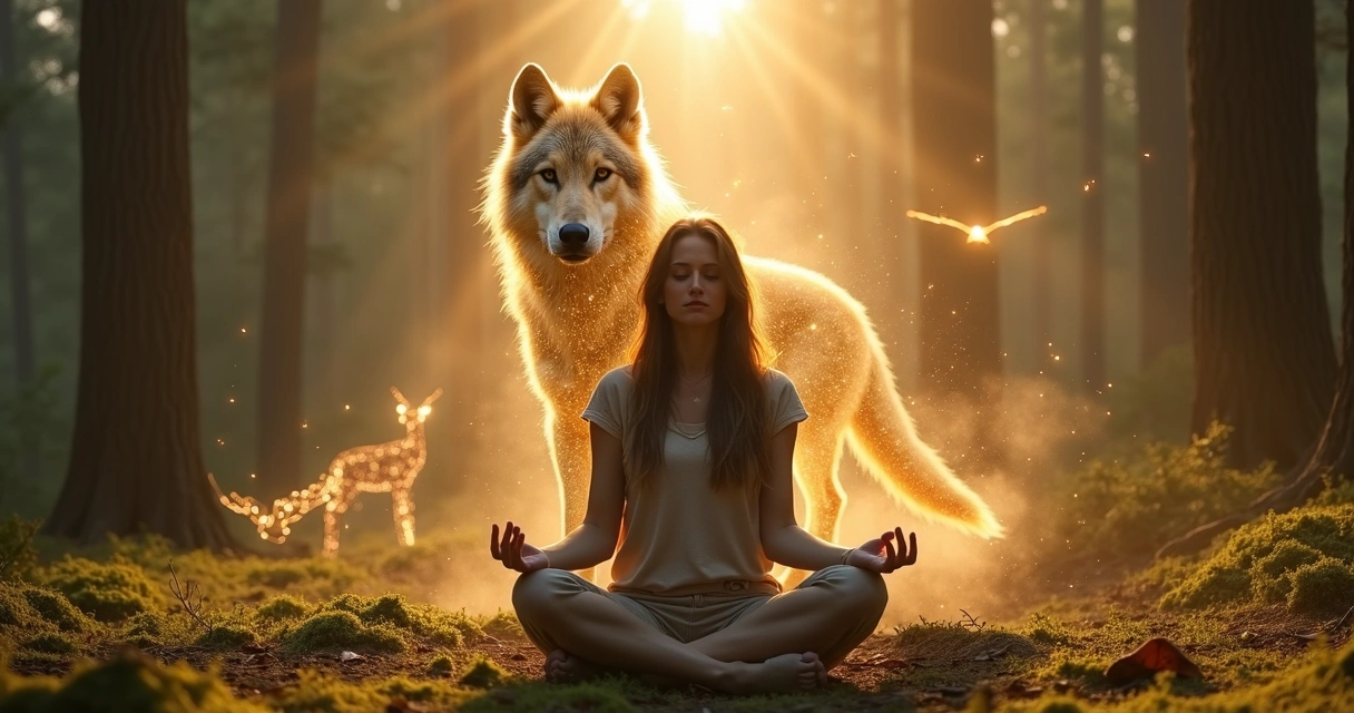 Mulher em meditação conectada ao seu animal de poder em cenário natural