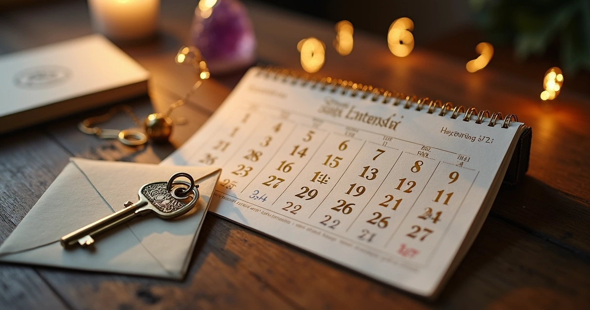 Mesa com calendário, chave de casa e números em destaque representando numerologia