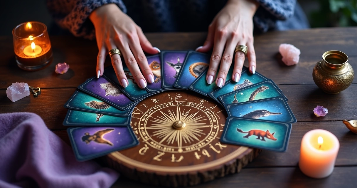 Cartas de oráculo animal sobre mesa mística com zodíaco ao fundo