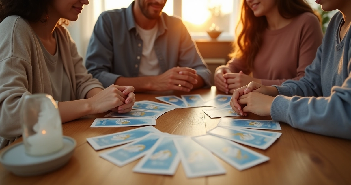 Família reunida em sala iluminada consultando cartas de oráculo dos anjos
