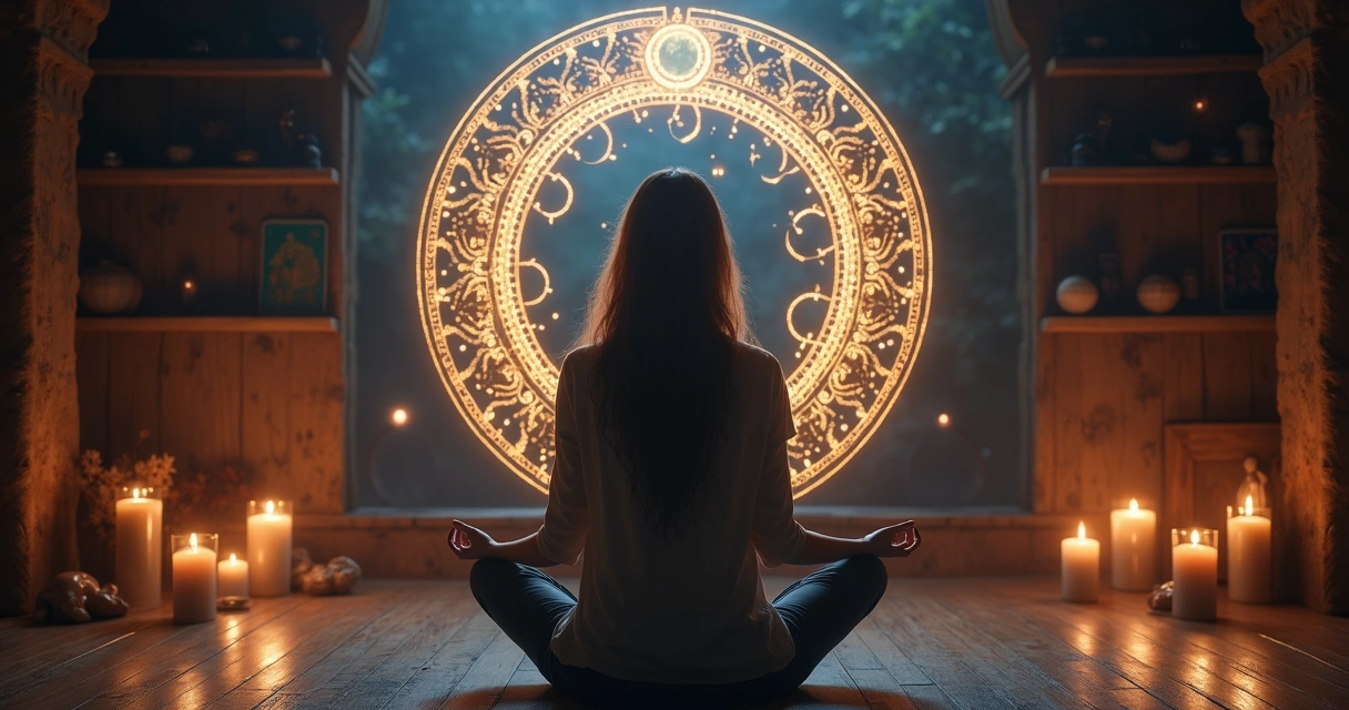 Mulher contemplando mandala luminosa em forma de ciclo representando padrões kármicos