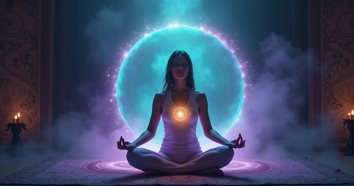 Mulher meditando envolta por campo energético luminoso em ambiente escuro