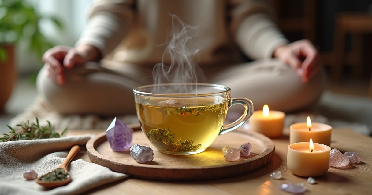 Xícara de chá em ritual com cristais e velas acesas sobre mesa de madeira