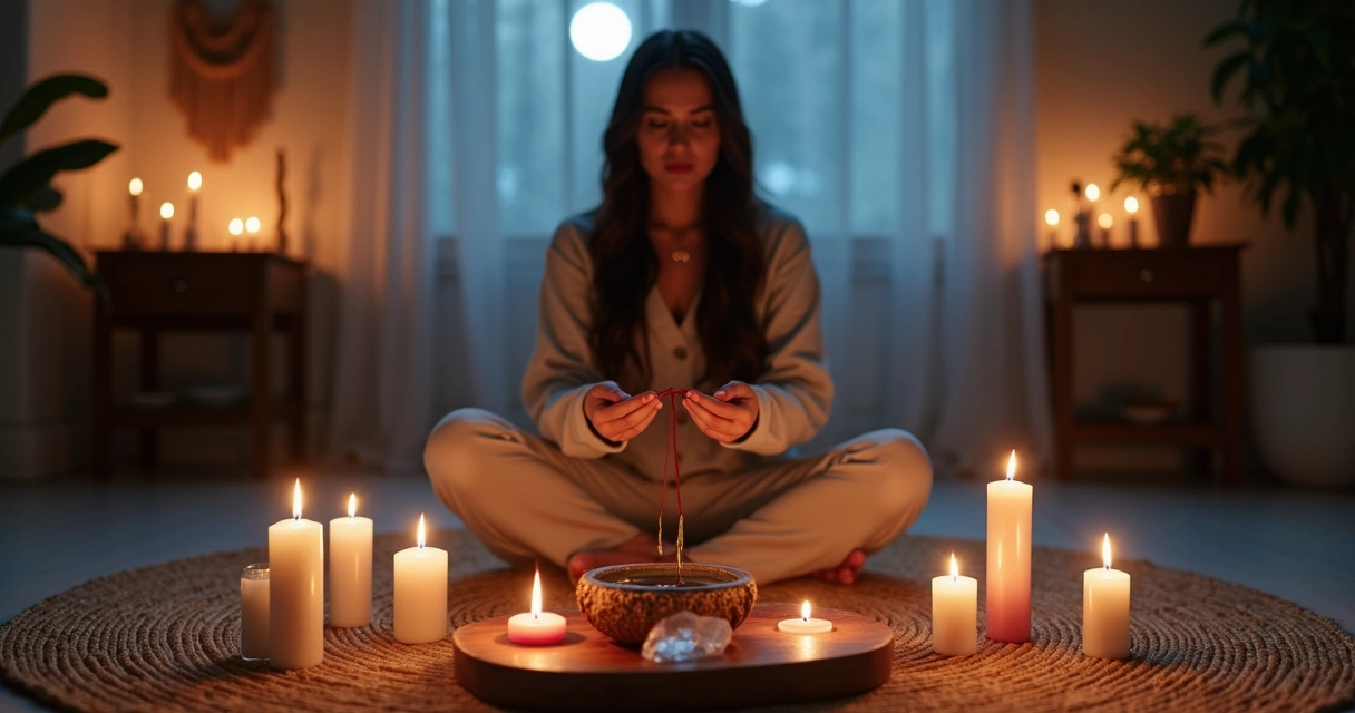 Mulher em ritual de corte energético com velas e fio vermelho sendo cortado