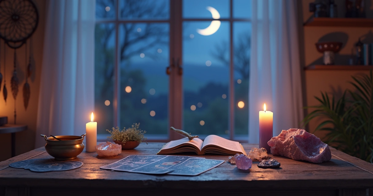 Mesa com objetos energizados à luz da lua nova em ambiente místico