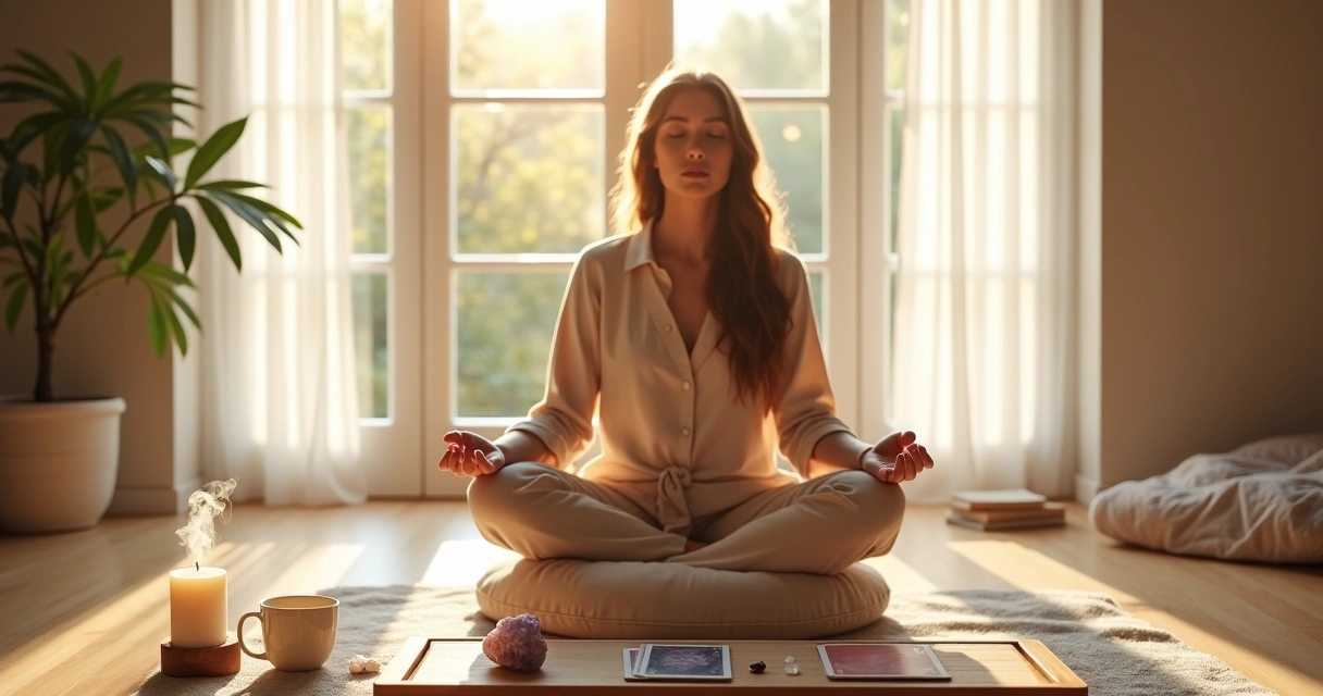 Mulher meditando em uma sala iluminada ao amanhecer com cristais e incensos ao redor