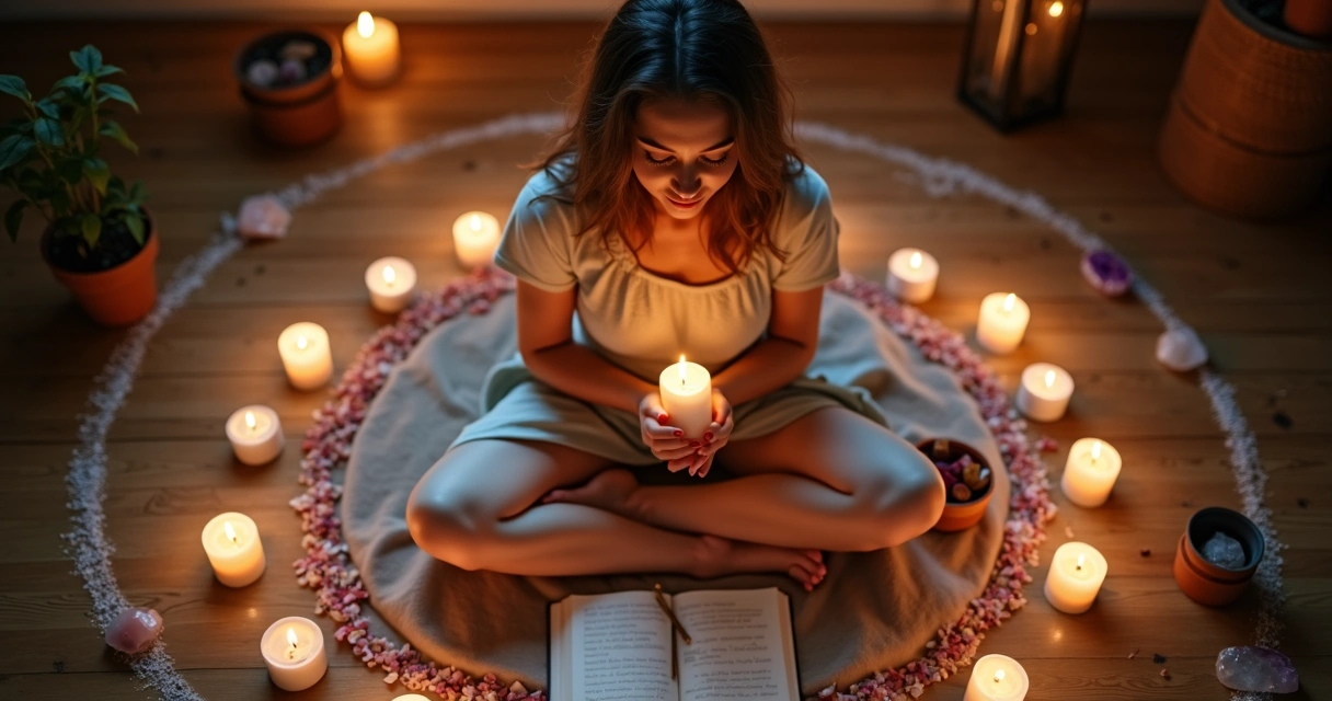 Mulher fazendo ritual de passagem com velas e cristais em altar circular