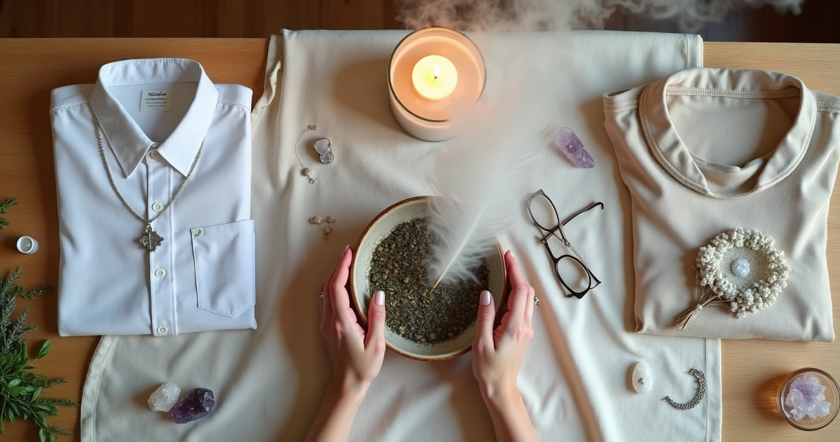 Roupas e acessórios sendo purificados com fumaça de ervas em ritual espiritual