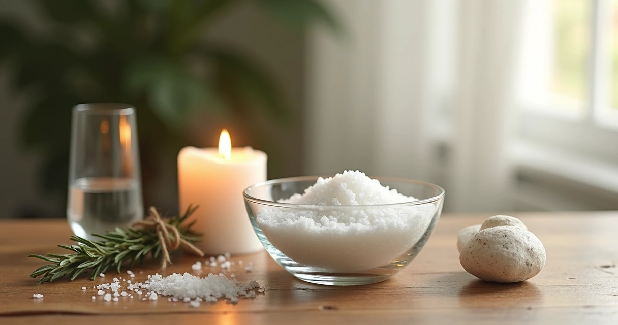 Sal grosso em tigela de vidro usado em ritual de limpeza energética com vela branca acesa