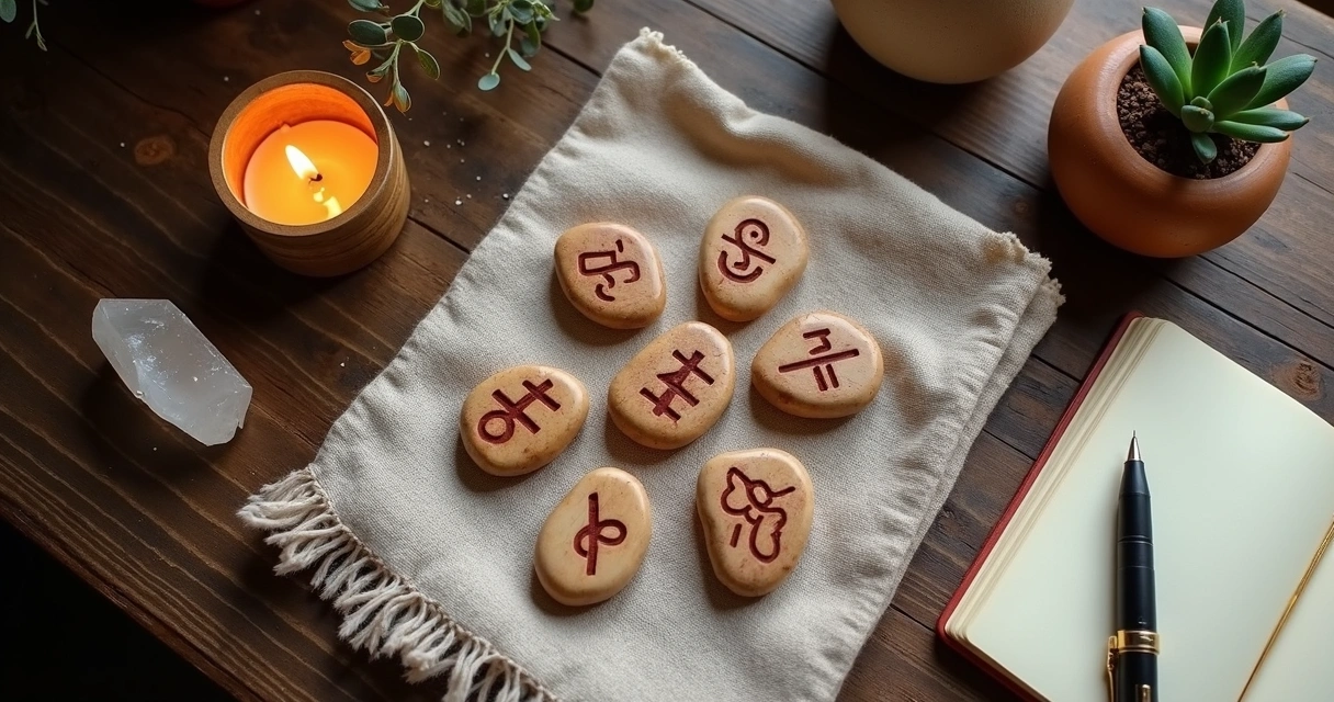 Runas nórdicas sobre mesa de madeira ao lado de vela acesa e caderno de anotações