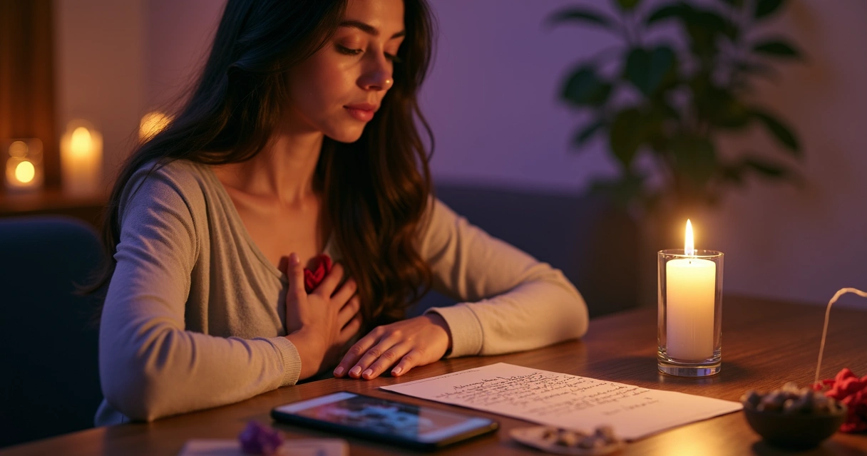 Mulher fazendo simpatia com vela e foto de pessoa amada ao lado de celular sobre altar esotérico