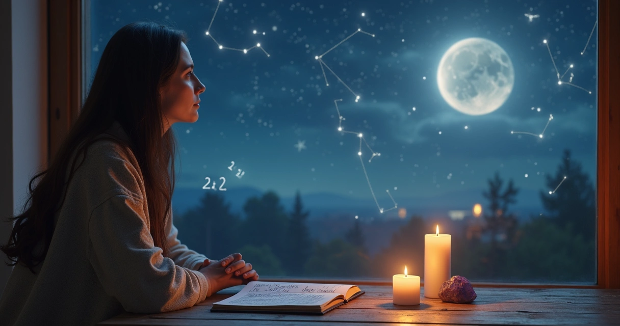 Mulher observando números e sinais sincronizados no céu noturno