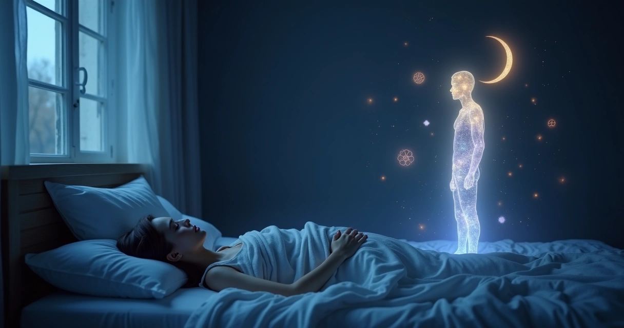 Mulher dormindo em quarto escuro com silhura espiritual luminosa ao lado da cama