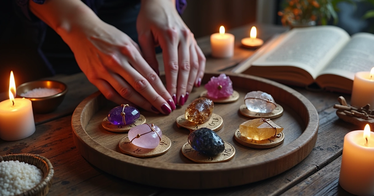 Talismãs com pedras naturais sobre altar místico iluminado por velas