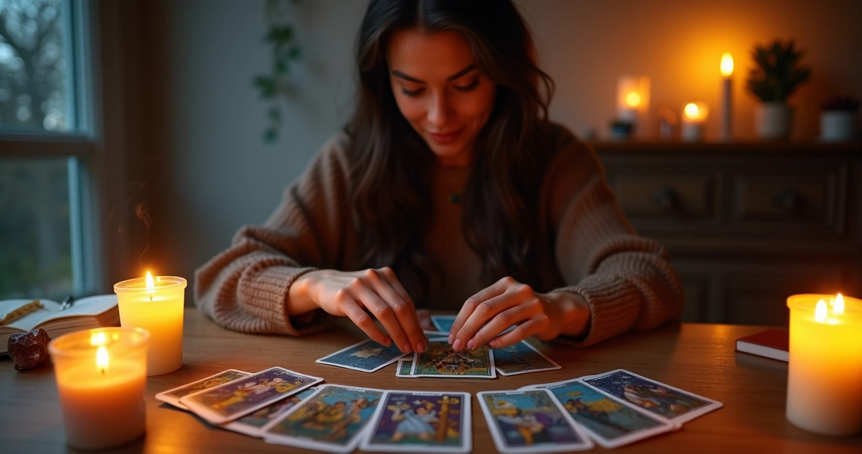Mulher concentrada fazendo tiragem de tarot para tomar decisão