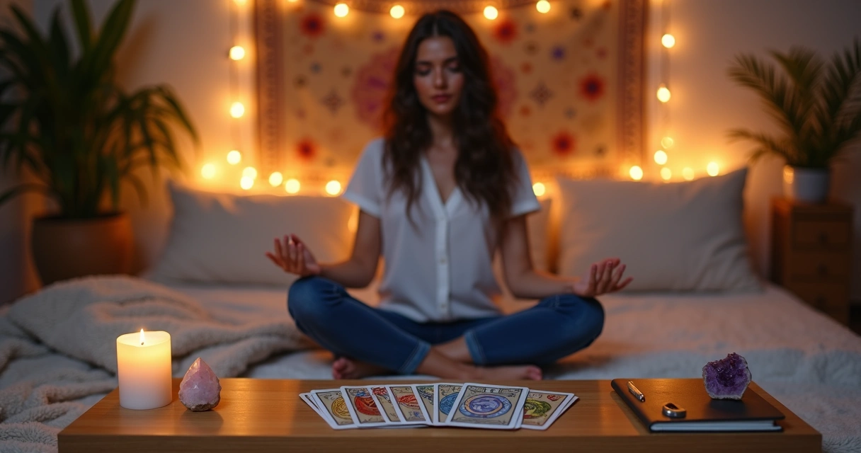 Mulher meditando com cartas de tarot sobre a mesa ao lado de velas acesas