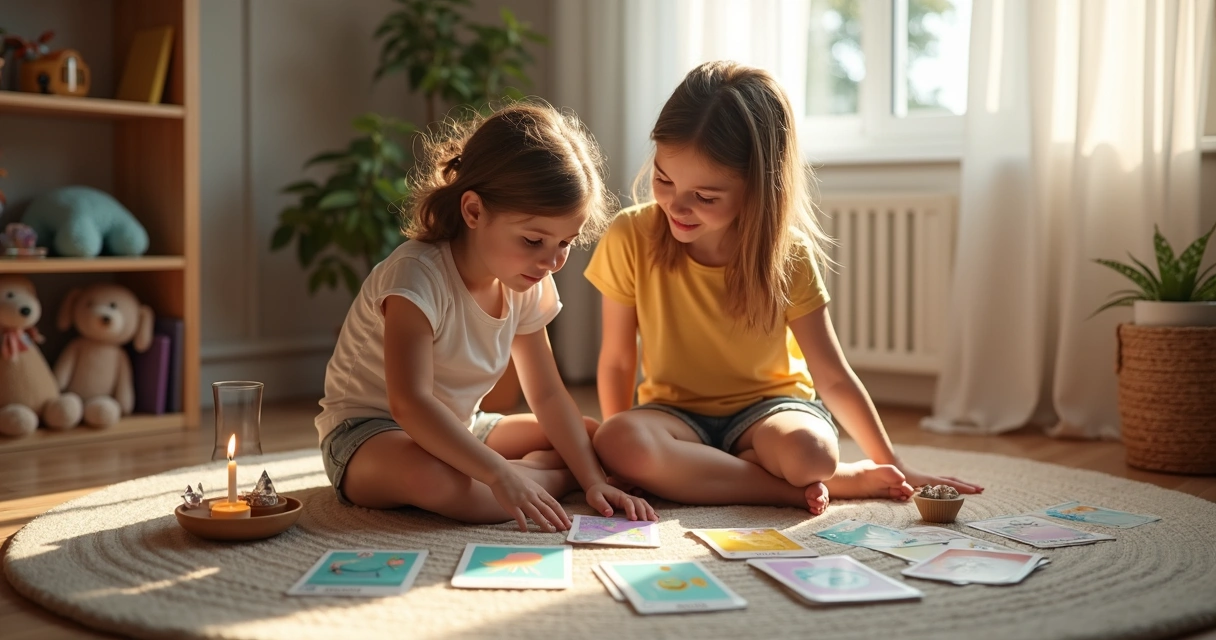 Criança e jovem explorando cartas de tarot infantil coloridas em ambiente acolhedor