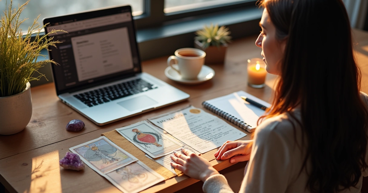 Mulher analisando cartas de tarô sobre metas pessoais e profissionais em mesa de trabalho