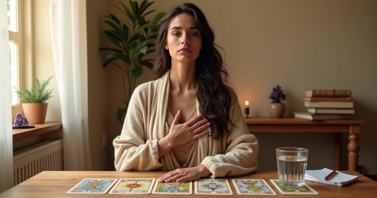 Mulher sentada com cartas de tarot sobre a mesa em ambiente calmo e iluminado