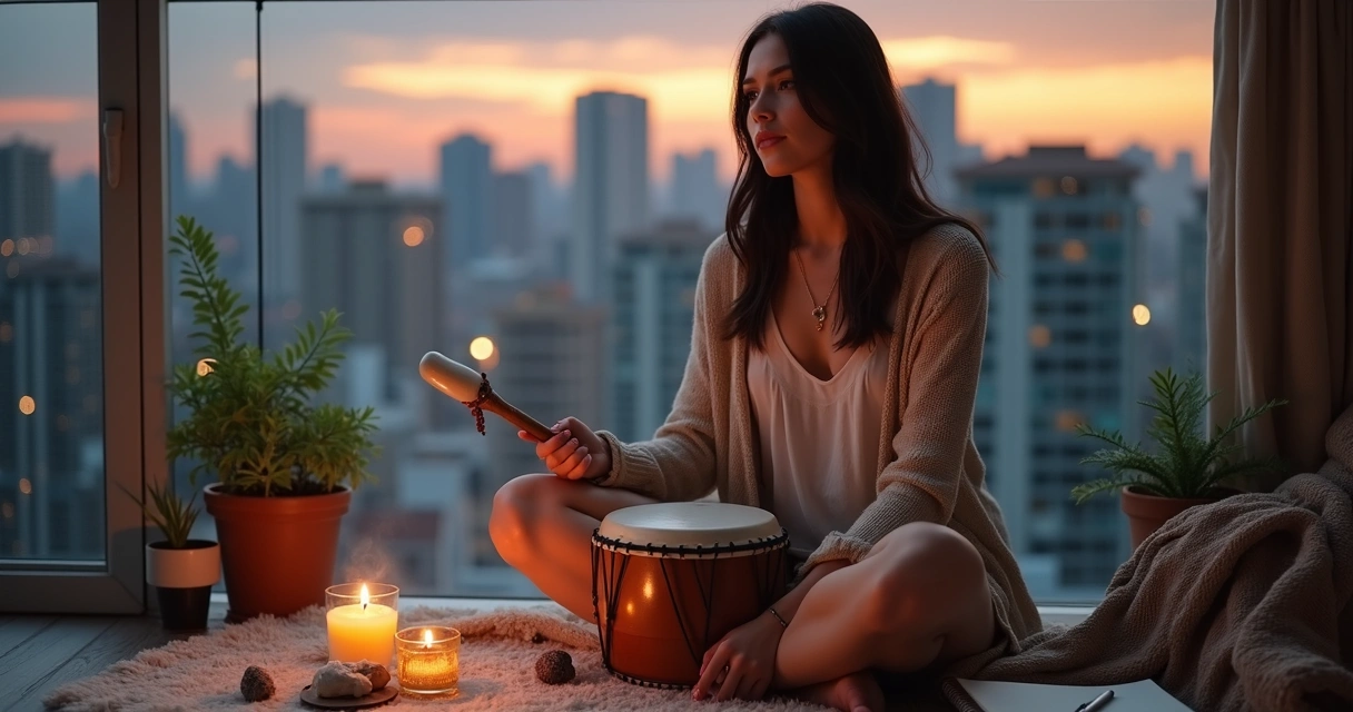 Mulher meditando com tambor xamânico em uma varanda com vista para cidade ao entardecer