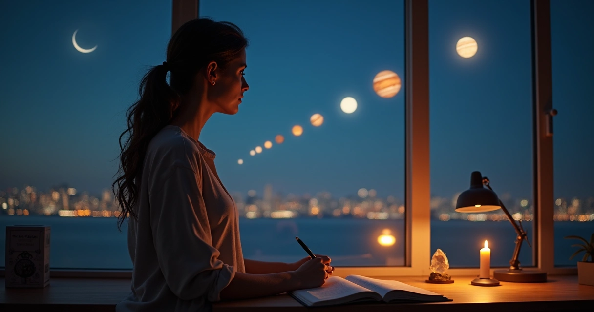 Mulher observando alinhamento planetário no céu enquanto toma decisão importante