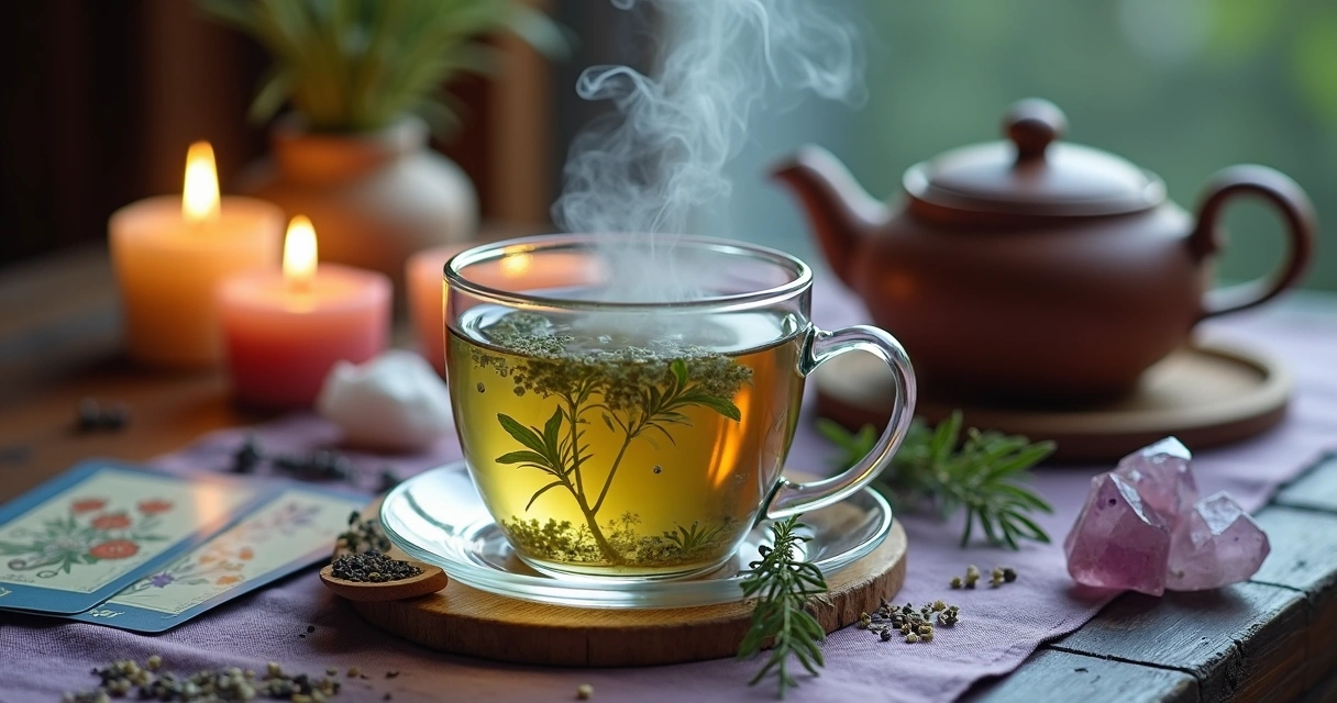 Xícara de chá de ervas em altar com cristais e cartas de tarô