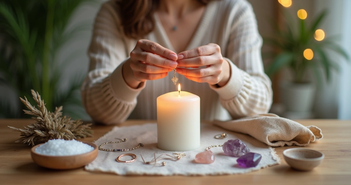 Mulher consagrando acessórios com vela e cristais sobre altar espiritual