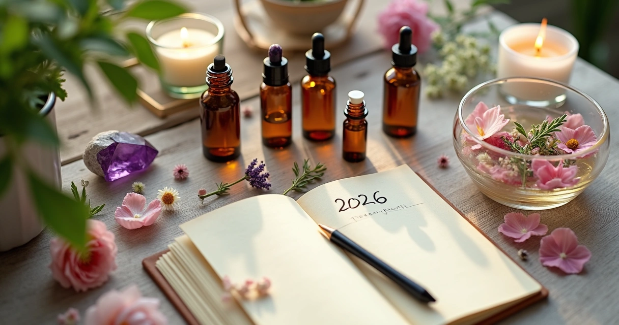 Mesa com frascos de essência floral artesanal, flores coloridas e caderno de anotações espirituais