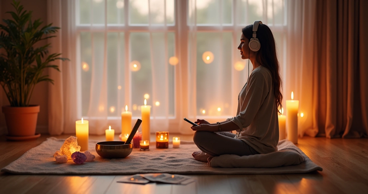 Mulher meditando com fones de ouvido ao lado de velas acesas e cristais