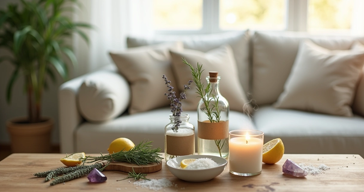 Mesa com purificadores naturais de ambiente feitos com ervas e velas acesas em sala aconchegante