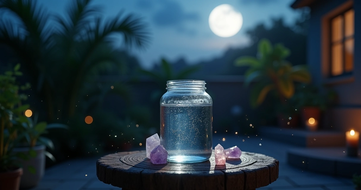 Frasco de vidro com água iluminada pela lua em jardim noturno com cristais ao redor