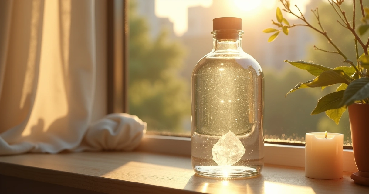 Garrafa de água solarizada com cristal transparente ao sol em janelas de vidro