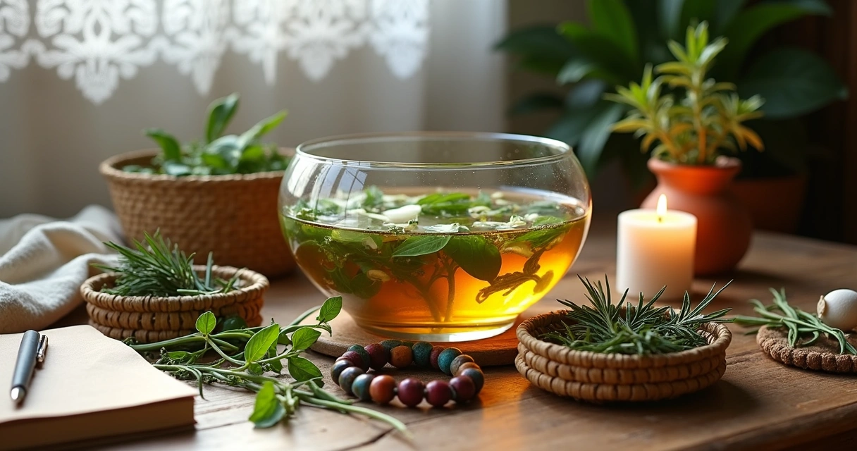 Altar com ervas afro-brasileiras disposto em mesa de madeira em casa