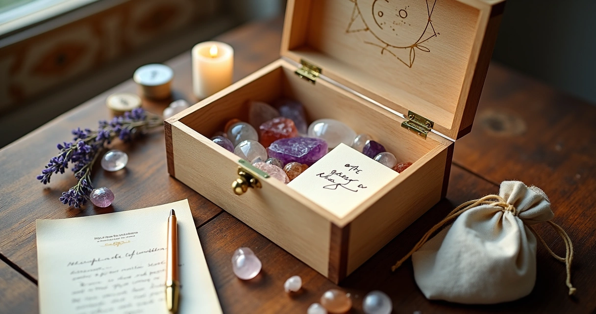 Caixa mística artesanal aberta com cristais coloridos e bilhetes de intenções