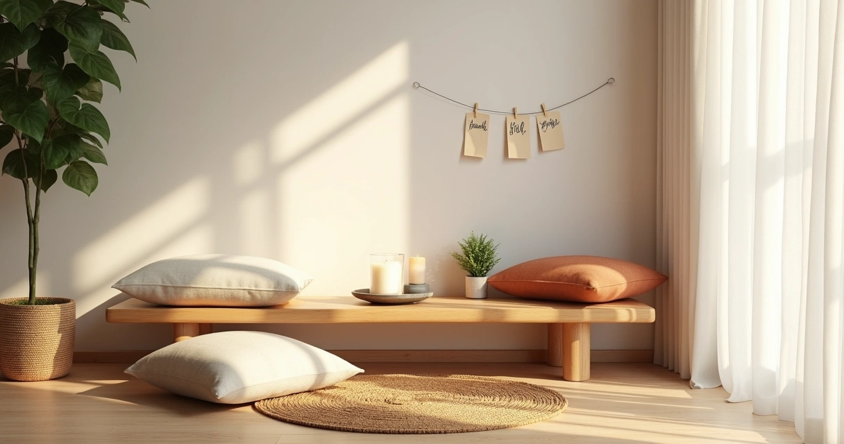 Cantinho zen minimalista com tapete almofadas e luz natural suave