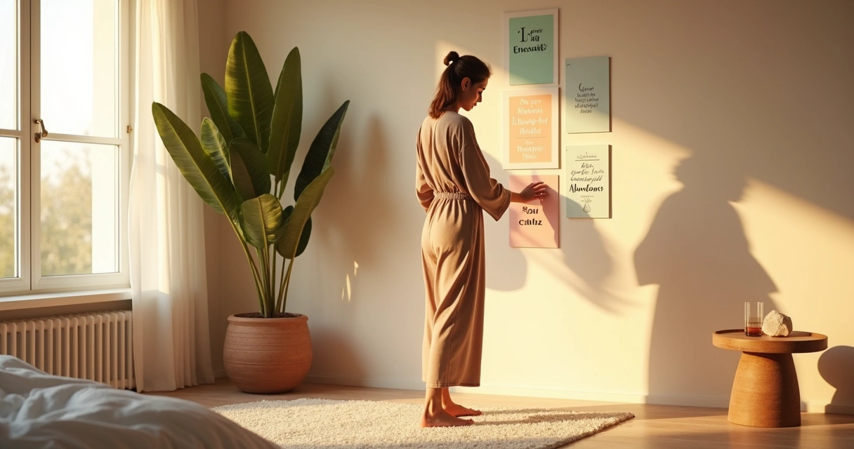 Cartas afirmativas coladas em parede clara ao lado de mulher em posição de poder