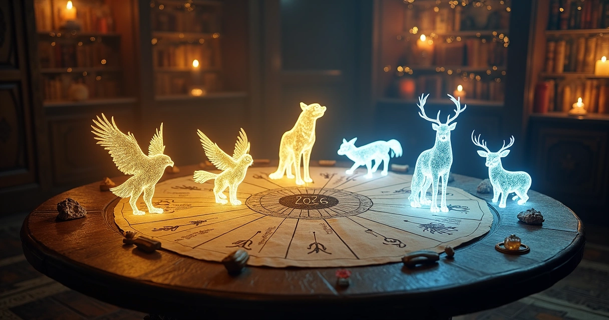 Círculo místico de animais de poder iluminados diante de mesa de oráculo
