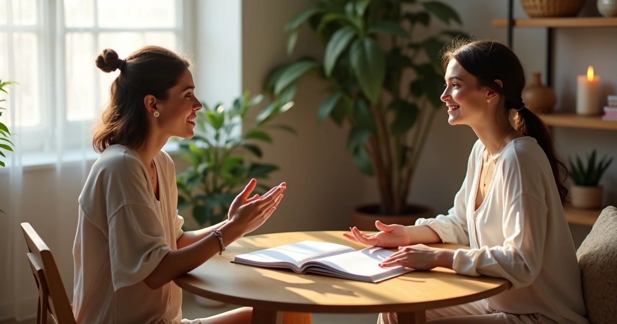 Mulher em mesa redonda conversando com consultora espiritual em ambiente aconchegante