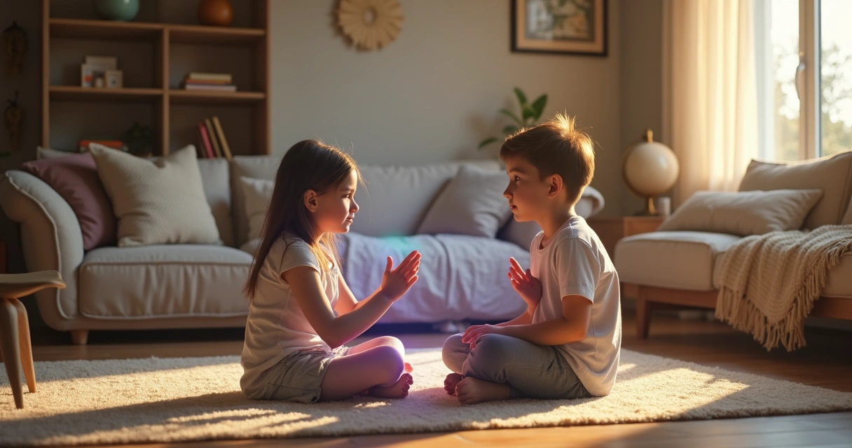 Criança e adolescente sentados no chão cercados por suave brilho colorido