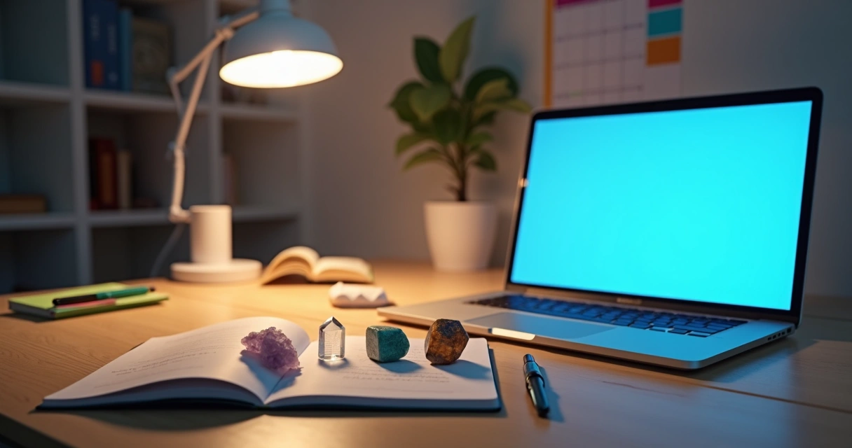 Mesa de estudos organizada com cristais ao lado de laptop e cadernos