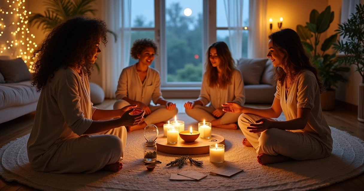 Grupo de amigas em círculo fazendo ritual com velas sob luz suave e lua ao fundo