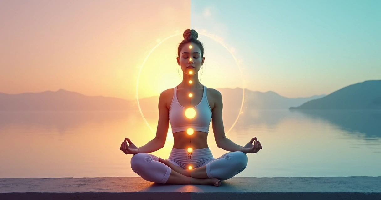 Mulher em posição de lótus com chakras iluminados meio yin meio yang