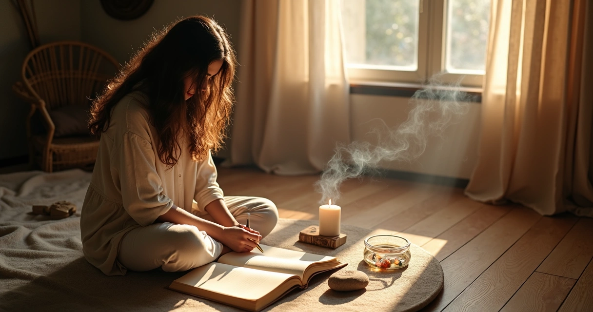 Mulher escrevendo em caderno cercada por luz dourada e símbolos sutis de inspiração