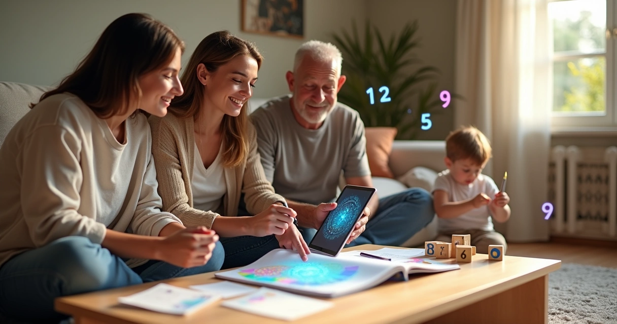 Família reunida em sala colorida com símbolos de numerologia ao redor