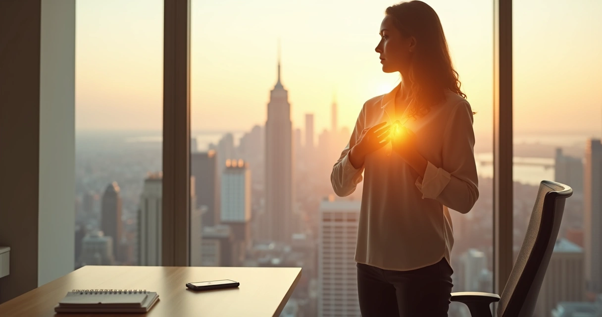 Profissional observando cidade através de janela com luz sutil destacando a área do coração