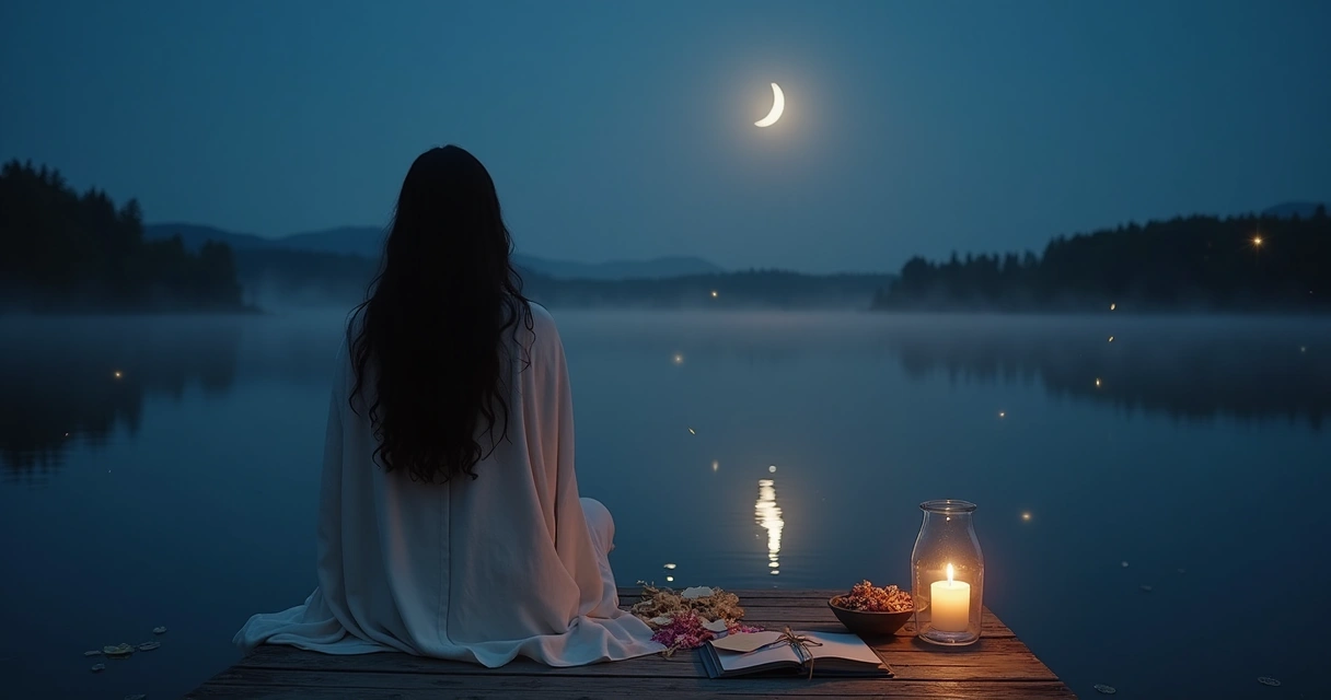 Ritual de desapego sob lua minguante em paisagem natural noturna