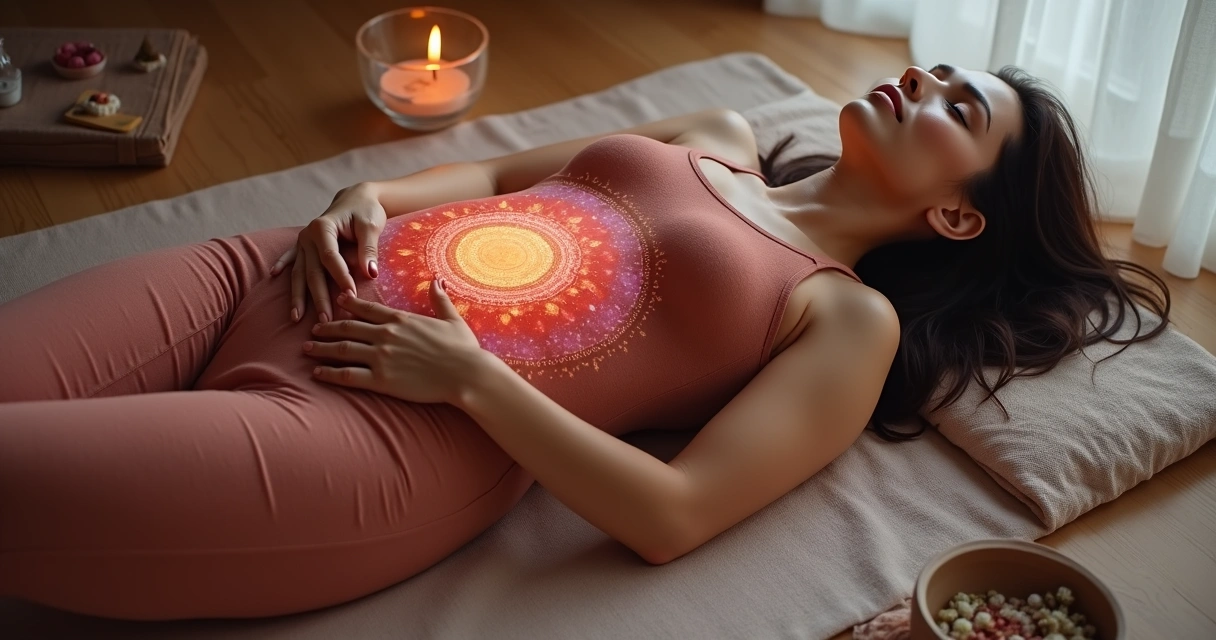 Mulher deitada em tapete com mandala colorida projetada sobre o ventre