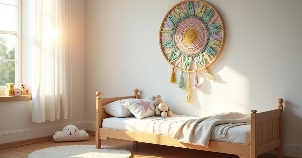 Mandala colorida de proteção pendurada na parede de quarto infantil