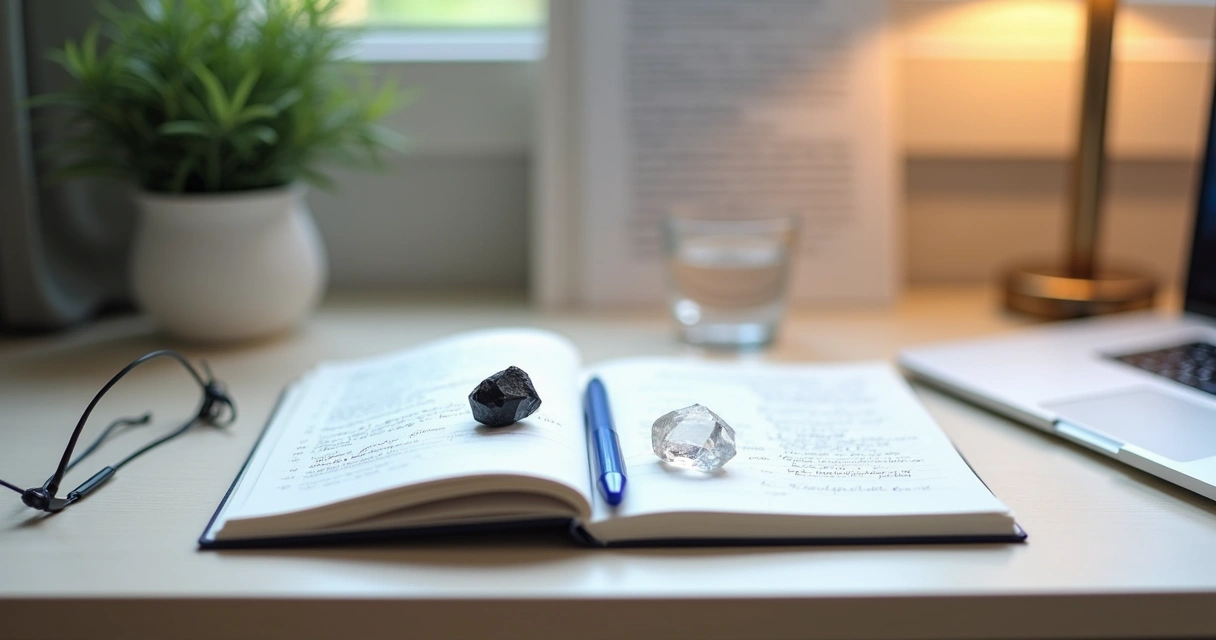 Minerais e caderno de anotações usados para foco em estudos e entrevistas